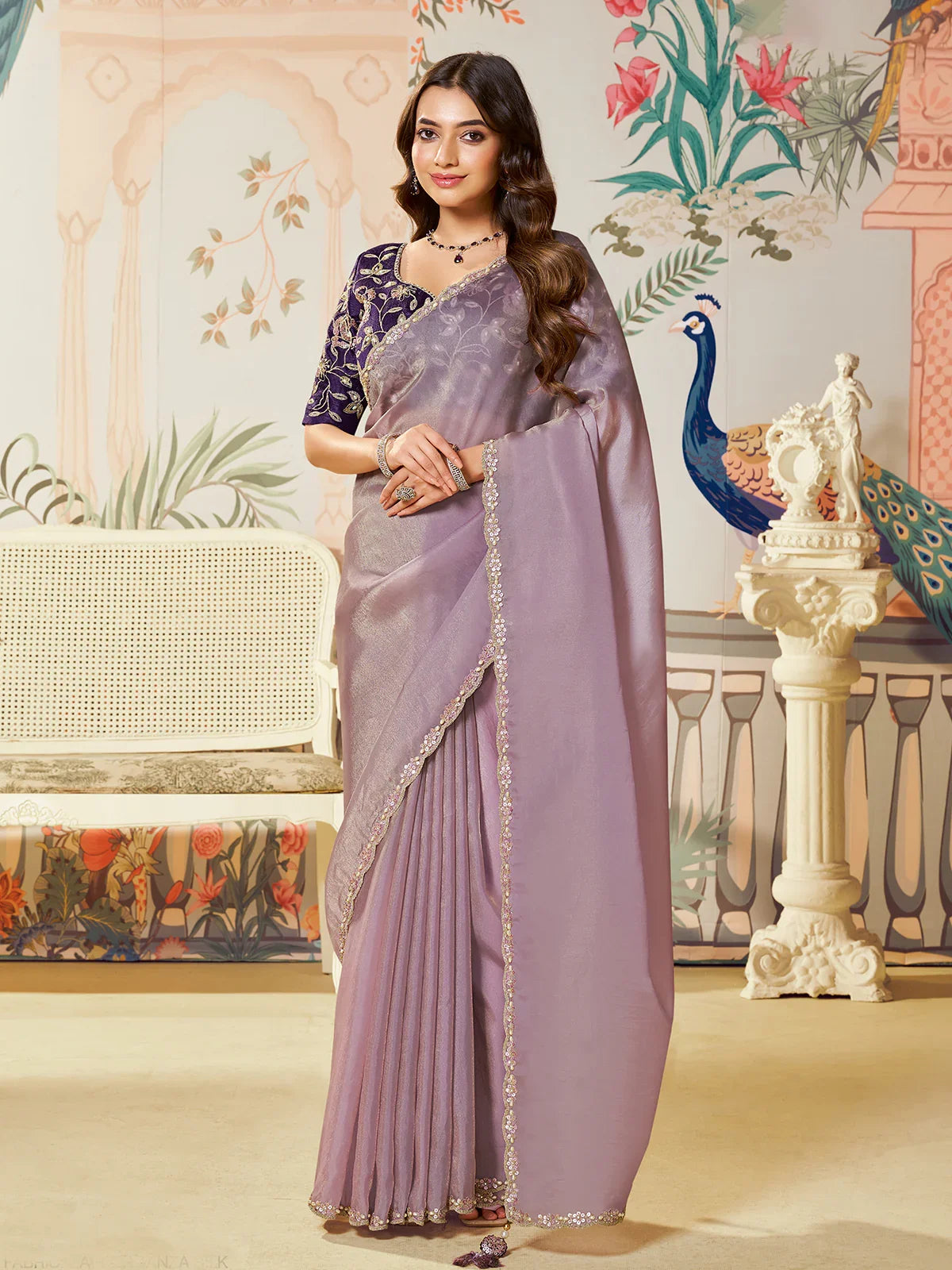 Pink And Lavender Floral Printed Zari Organza Saree