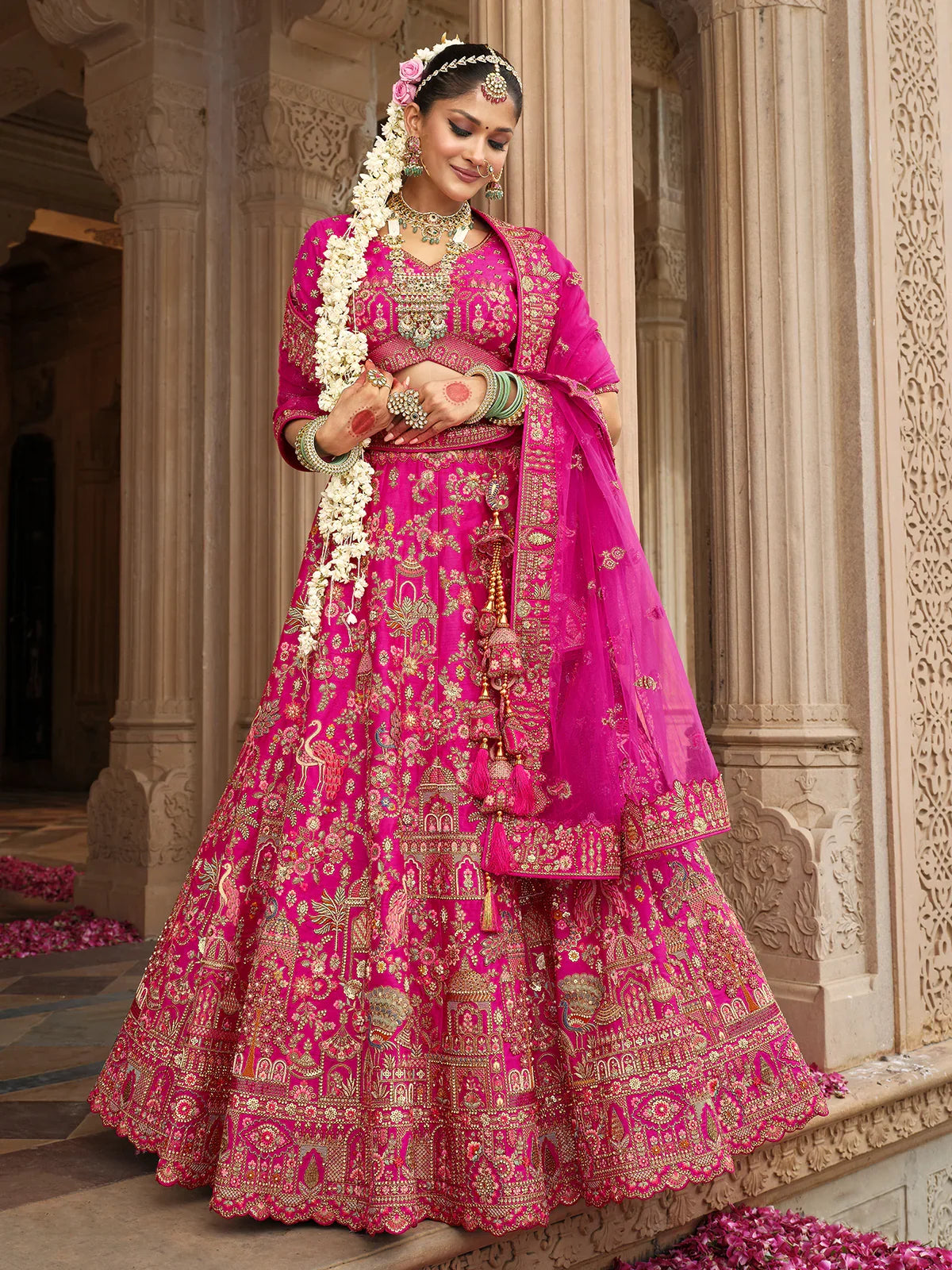 Make a Statement Pink Heavy Bridal Silk Lehenga with Intricate Khatli Work - Buy main image 1