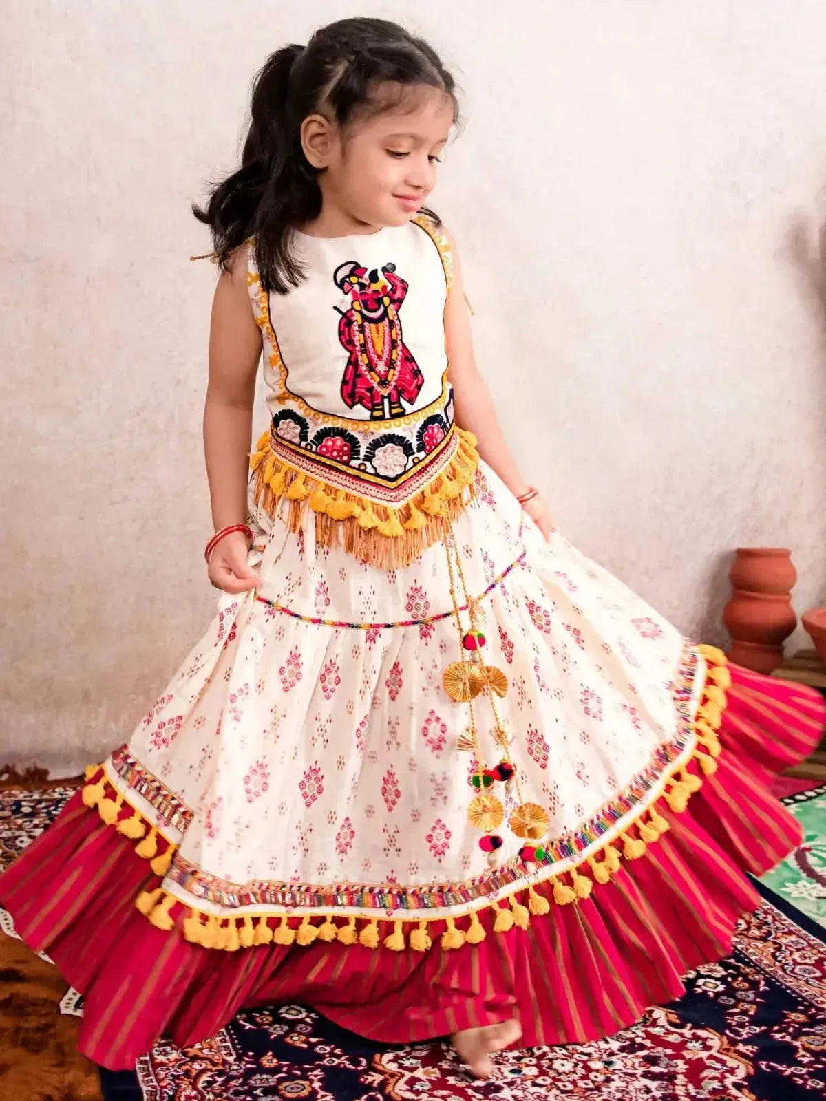 White Fancy Cotton Shrinathji Designer Navratri Chaniya Choli for Baby Girls VJV Now India