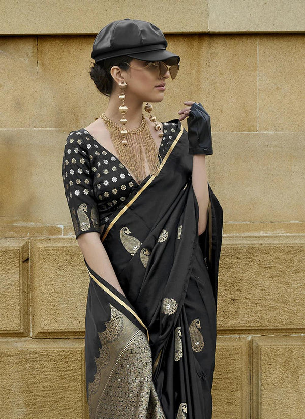 Black Satin Silk Woven Festive wear Saree - VJV Now