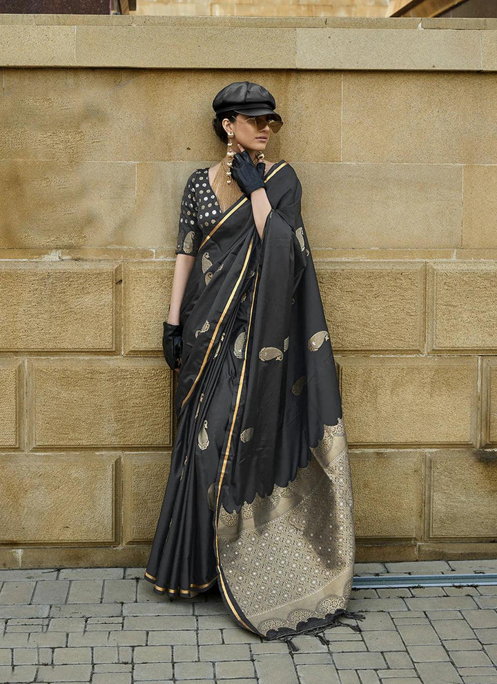 Black Satin Silk Woven Festive wear Saree - VJV Now