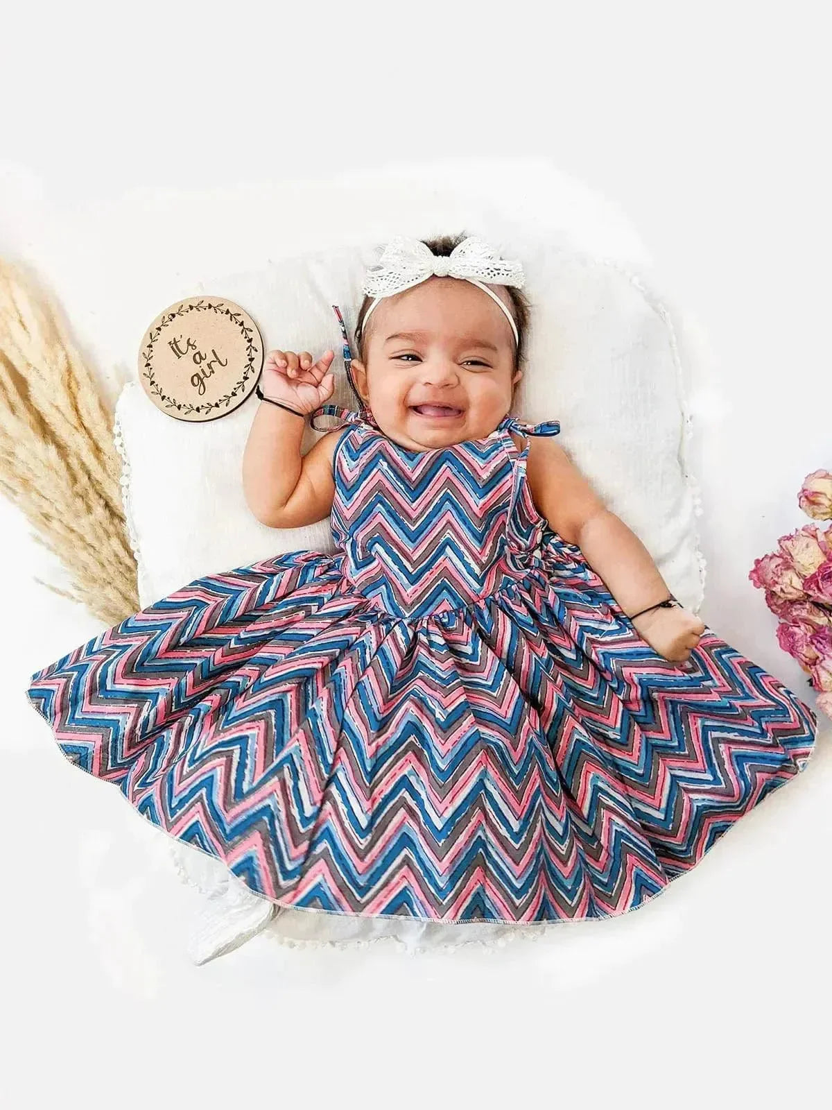 Blue Cotton Zigzag Baby Girl Dress with Tieup Strings Blue Cotton Zigzag Baby Girl Dress with Tieup Strings