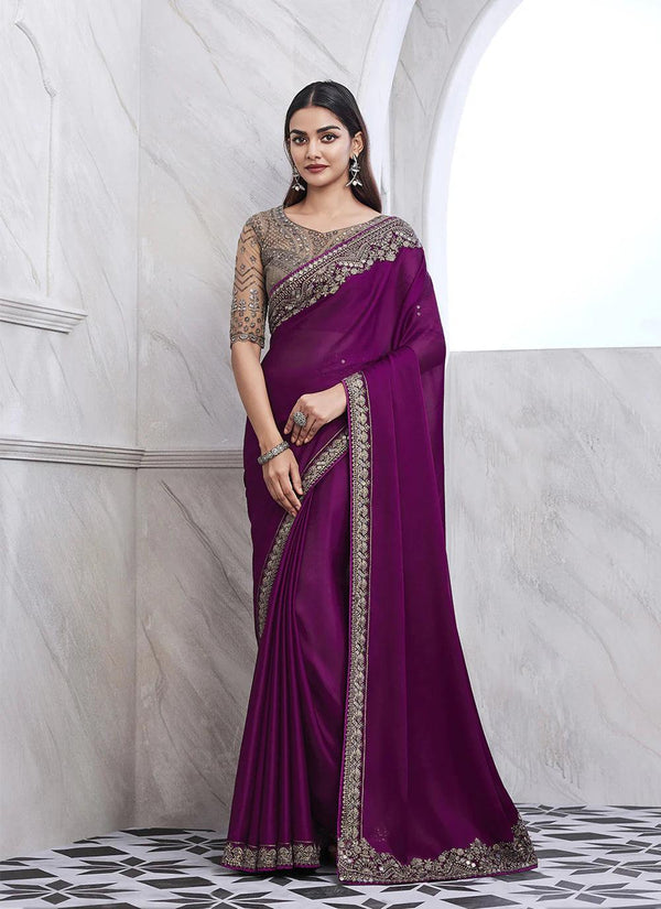 Captivating Purple Sequin Silk Party Wear Saree - VJV Now