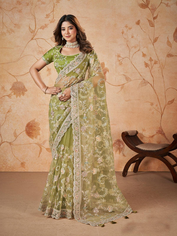 Designer Parrot Green Sequin Party Wear Net Silk Saree - VJV Now