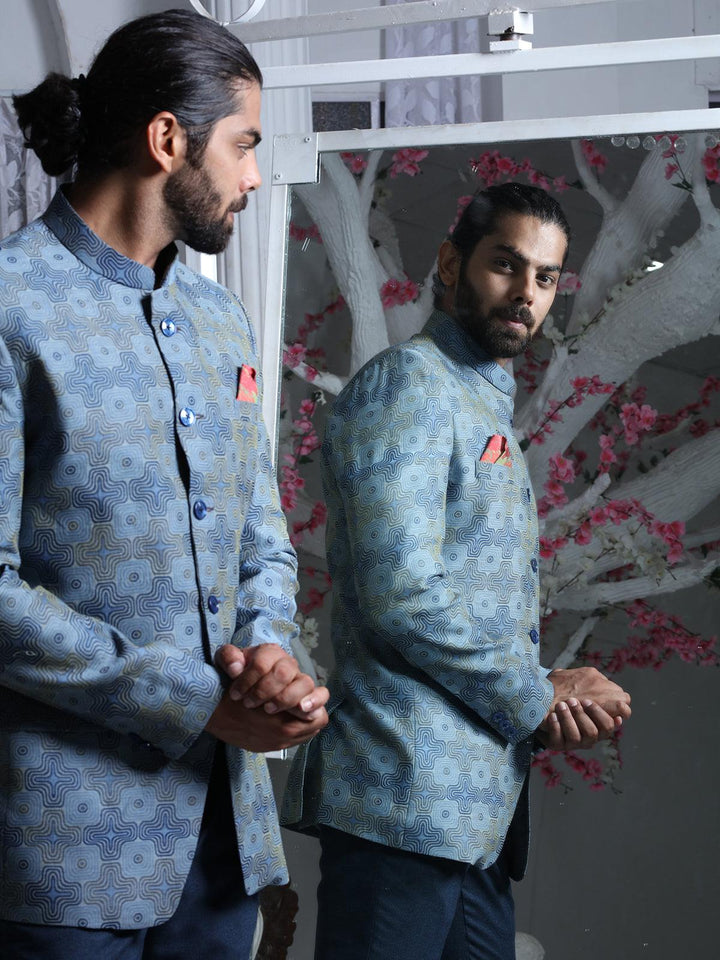 Fabulous light Blue and grey Color Cotton Men's Designer Jodhpuri Suit - VJV Now