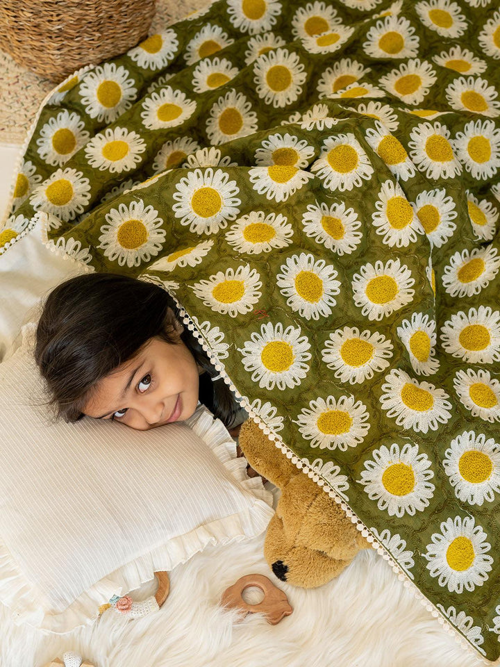 Green Woollen Sunflower Reversible Baby Kids Blanket - VJV Now
