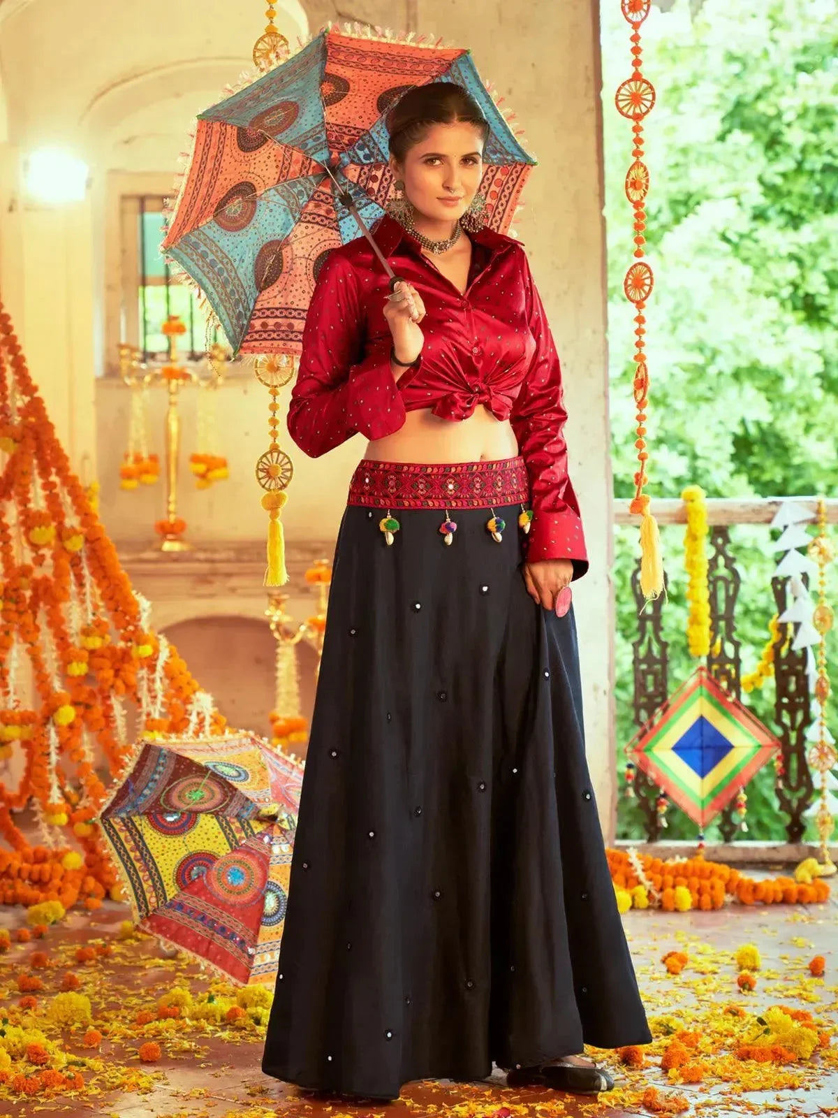 Maroon Gajji Silk Prined Work Navratri Crop-Top Skirt