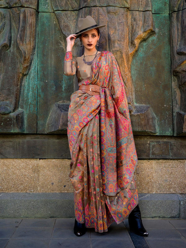 Mesmerizing Brown Organza Festival wear Saree with Intricate Weaving - VJV Now