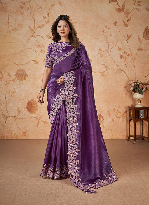Mesmerizing Crush Silk Sequin Party Wear Saree in Regal Purple - VJV Now