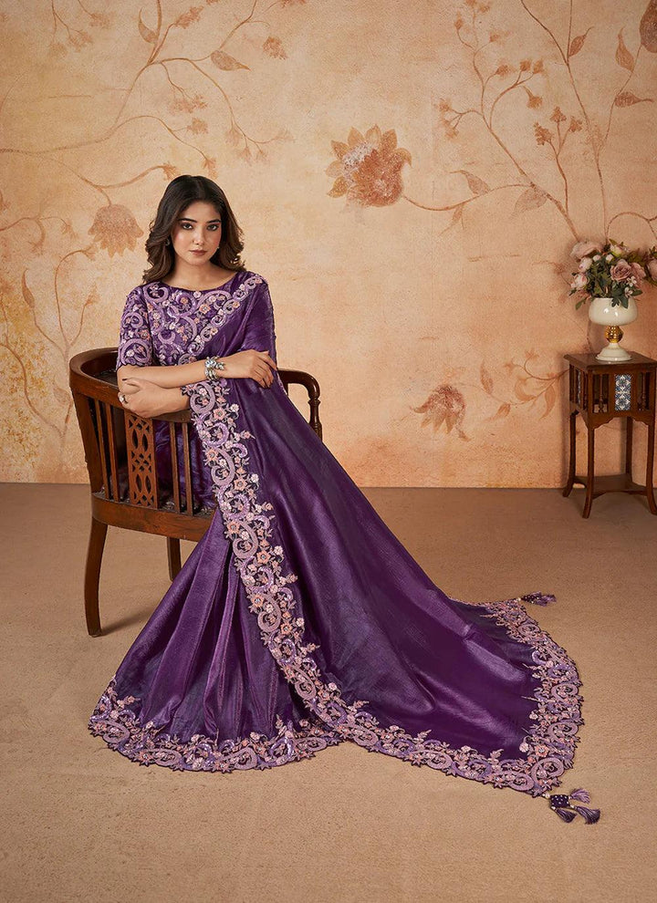 Mesmerizing Crush Silk Sequin Party Wear Saree in Regal Purple - VJV Now