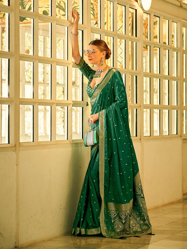 Mesmerizing Green Satin Silk Festive Wear Woven Saree - VJV Now