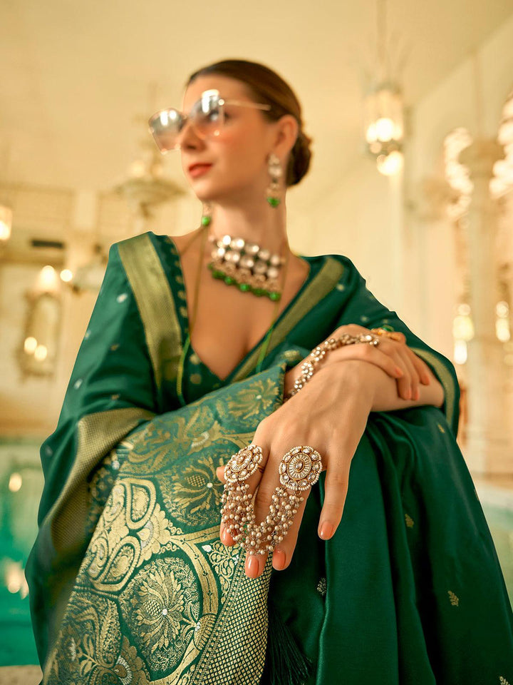 Mesmerizing Green Satin Silk Festive Wear Woven Saree - VJV Now