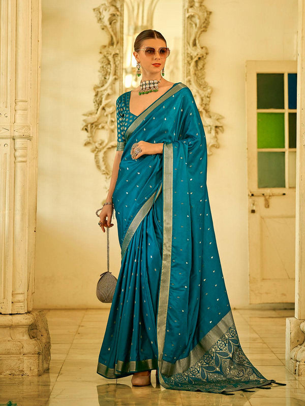 Mesmerizing Peacock Blue Woven Satin Silk festive wear Saree - VJV Now