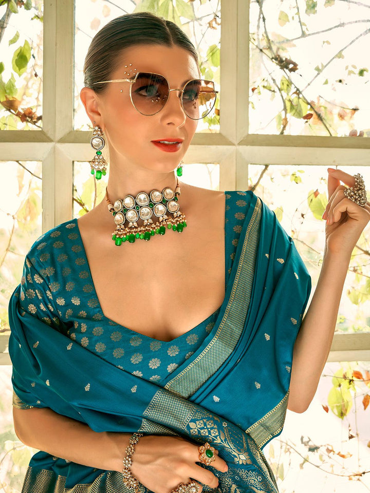 Mesmerizing Peacock Blue Woven Satin Silk festive wear Saree - VJV Now