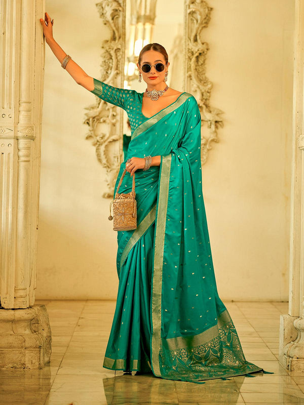 Mesmerizing Turquoise Woven Satin Silk festival wear Saree - VJV Now