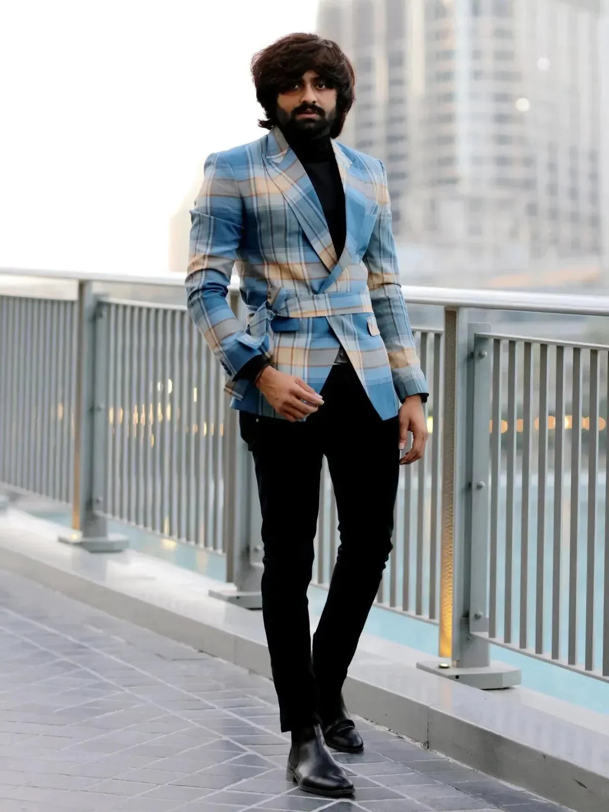 Street Style Blazer Mans Modest Blue Color Men's Double Breasted