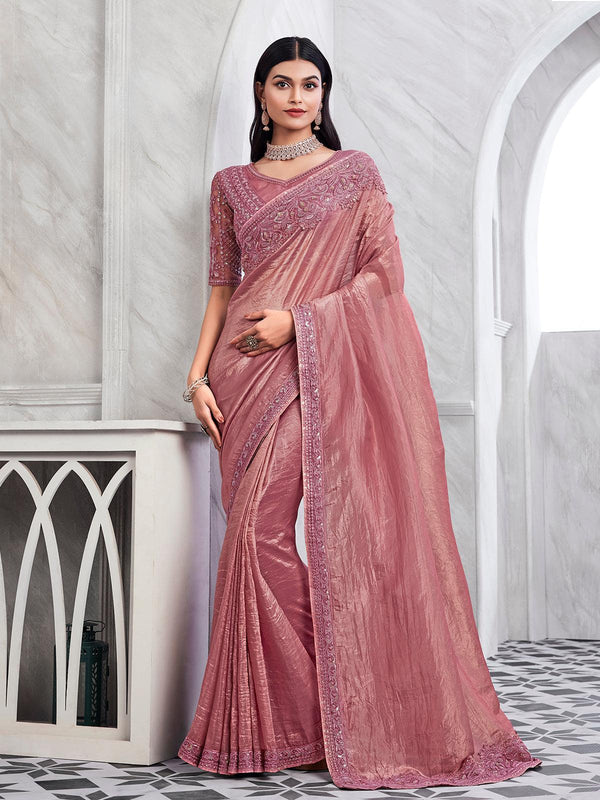 Onion Pink Sequined Silk Party Wear Saree - VJV Now
