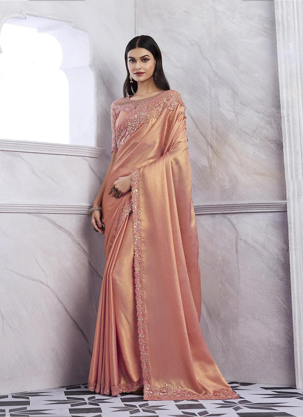 Peach Sequin Silk Saree in Dramatic Elegance for Your Next Party - VJV Now