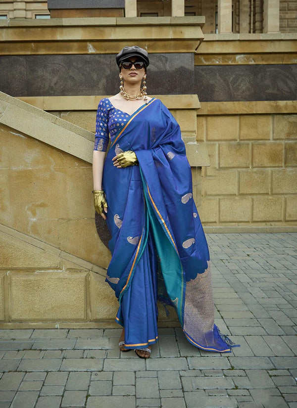 Peacock Blue Woven Satin Silk festive wear Saree - VJV Now