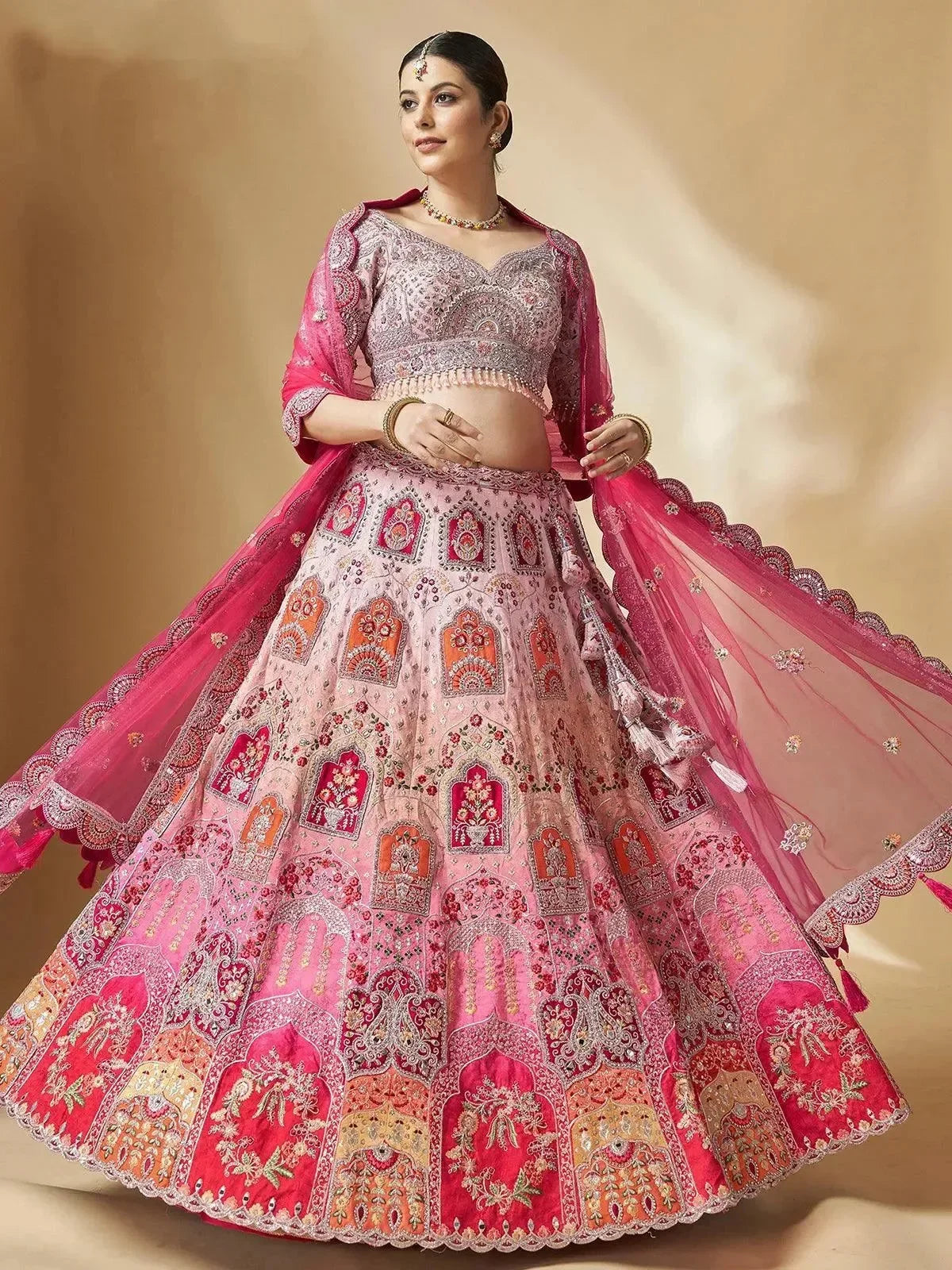 Pink Art Silk Heavy Hand Work With Embroidery Umbrella Lehenga