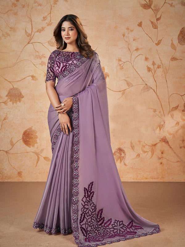 Purple Sequinned Satin Silk Party Saree with Organza Blouse - VJV Now