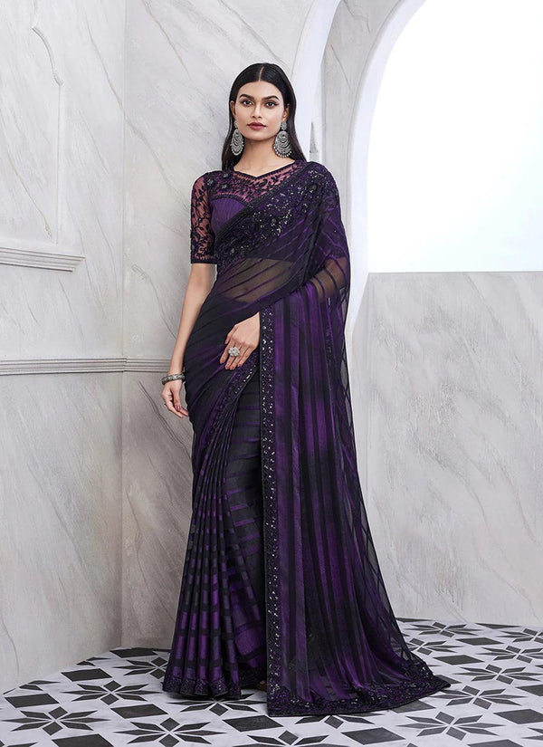 Purple Silk Sequin Party Wear Saree - VJV Now