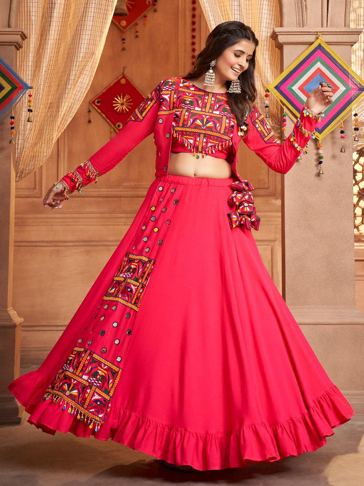 Rani Pink Embroidered Koti Style Lehenga Choli for Indian Festival Navratri - VJV Now