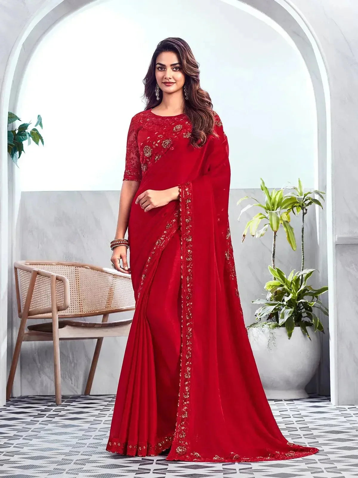 red dress saree Mouni Roy in Classy Pleated Gown Saree