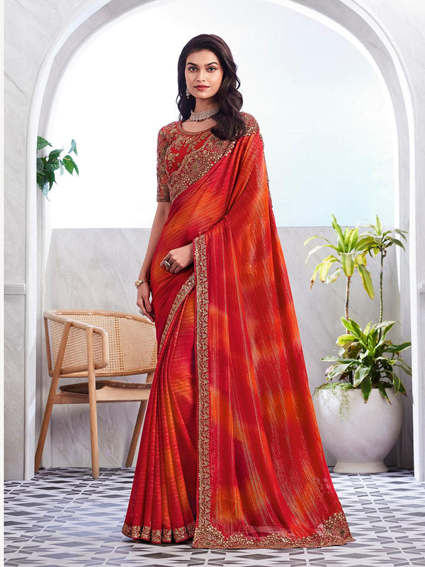 Red Sequined Silk Designer Party wear Saree - VJV Now