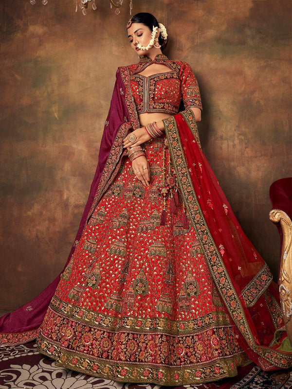 Red Silk Heavy Embroidered Umbrella Lehenga Choli With Double Dupatta Wedding Wear - VJV Now