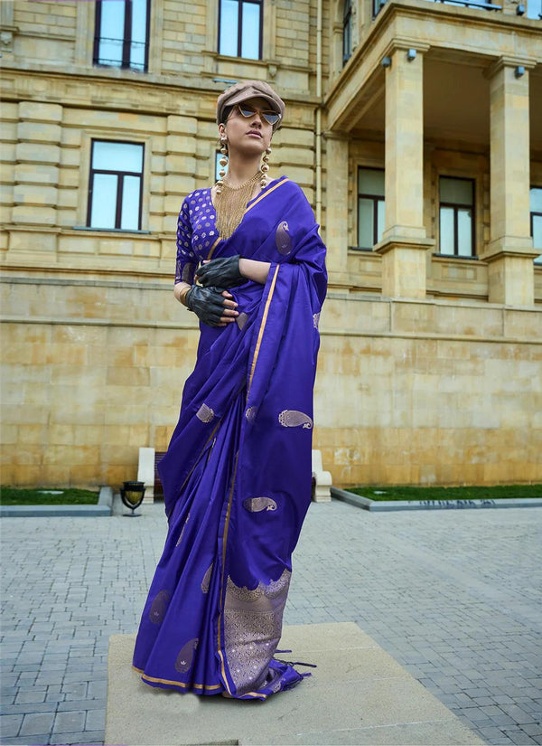Royal Blue Woven Satin Silk Festive wear Saree - VJV Now