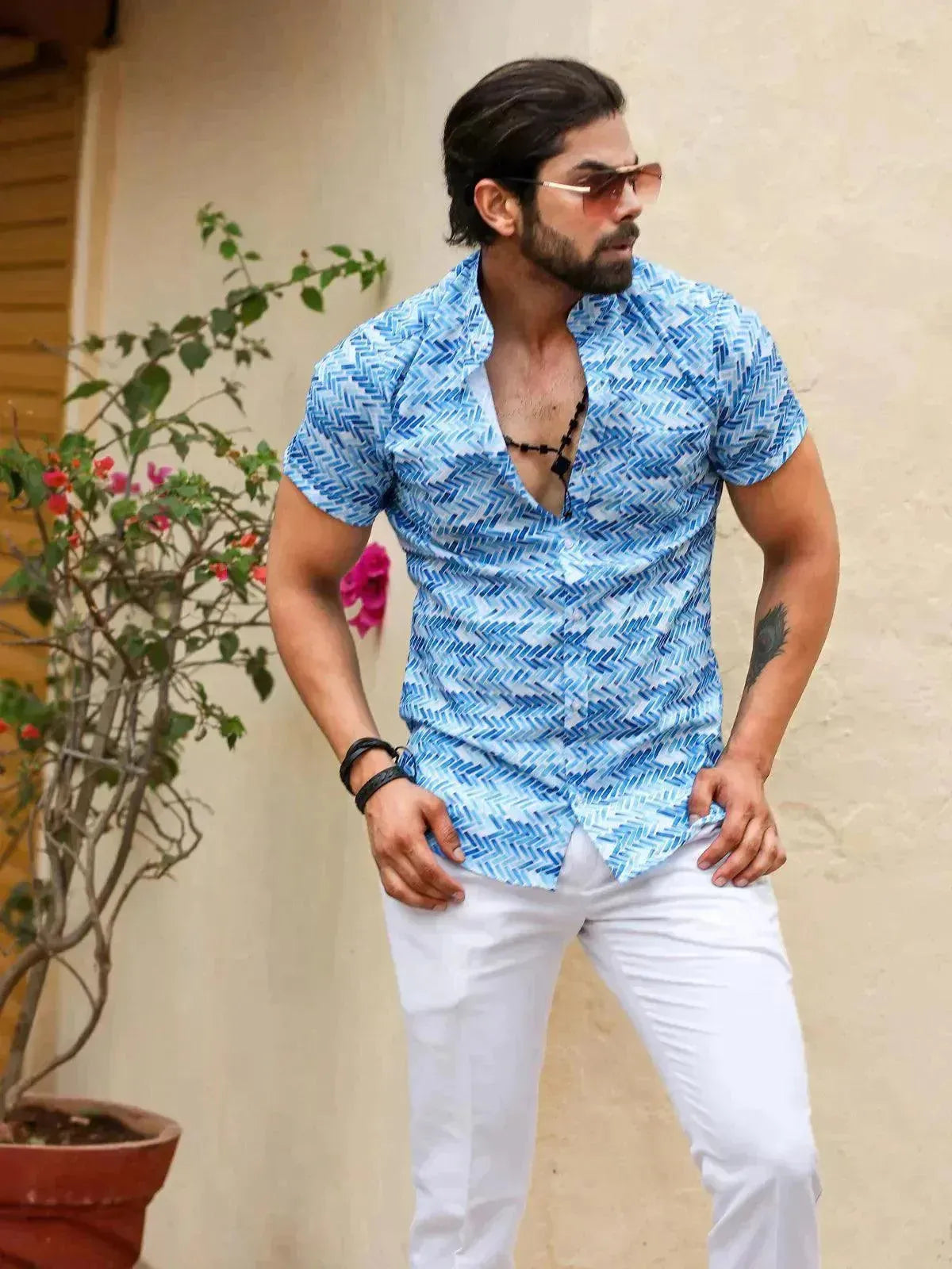 Sea Blue Color Printed Beach Wear Mens Shirt VJV Now India