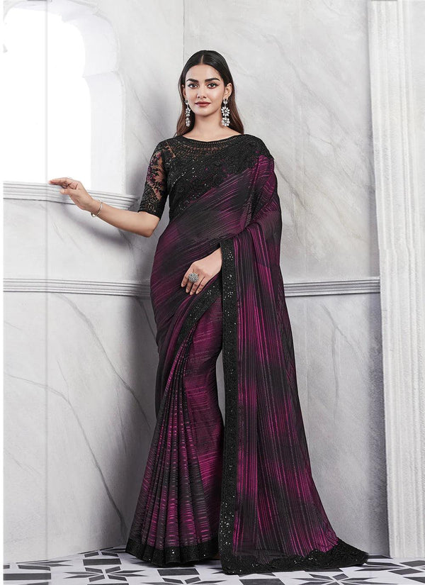 Silk Sequin Saree in Purple with Stunning Black Blouse - VJV Now