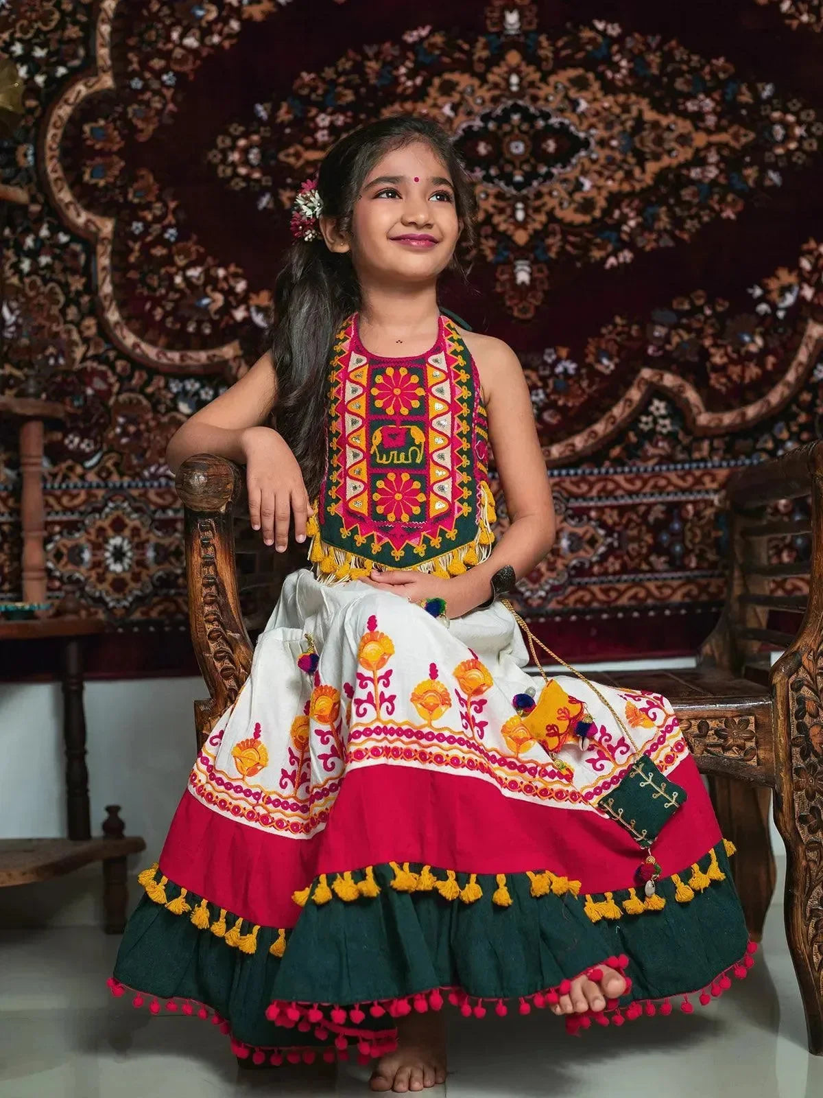 Traditional White Gujarati Embroidered Navratri Girls Crop Top Choli