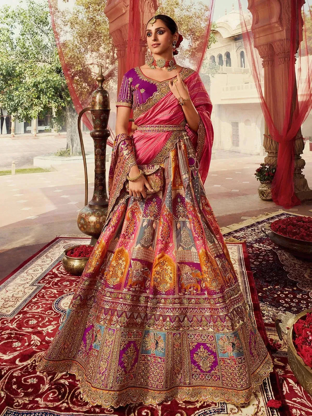 Wedding Multi Color Pink Sequins Embroidered Silk Bridal Lehenga