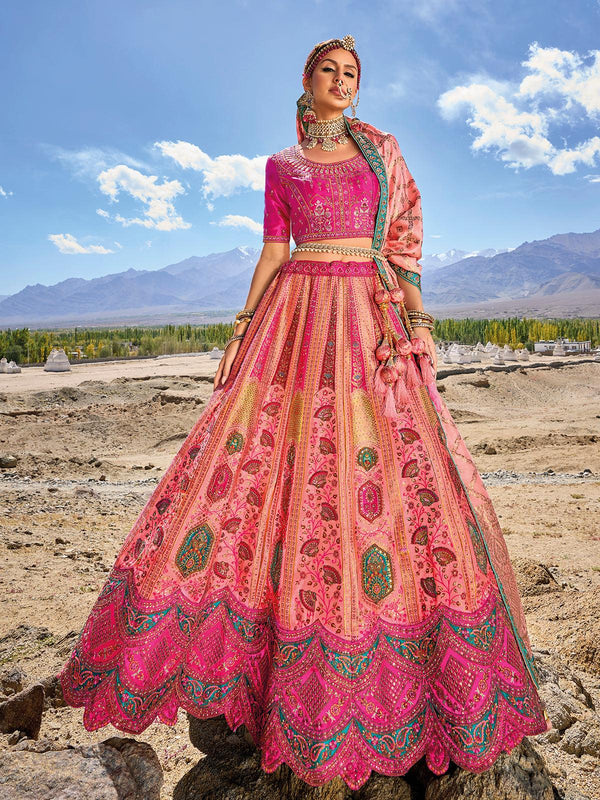 Wedding Wear Pink Heavy Embroidered Work Umbrella Lehenga Choli - VJV Now