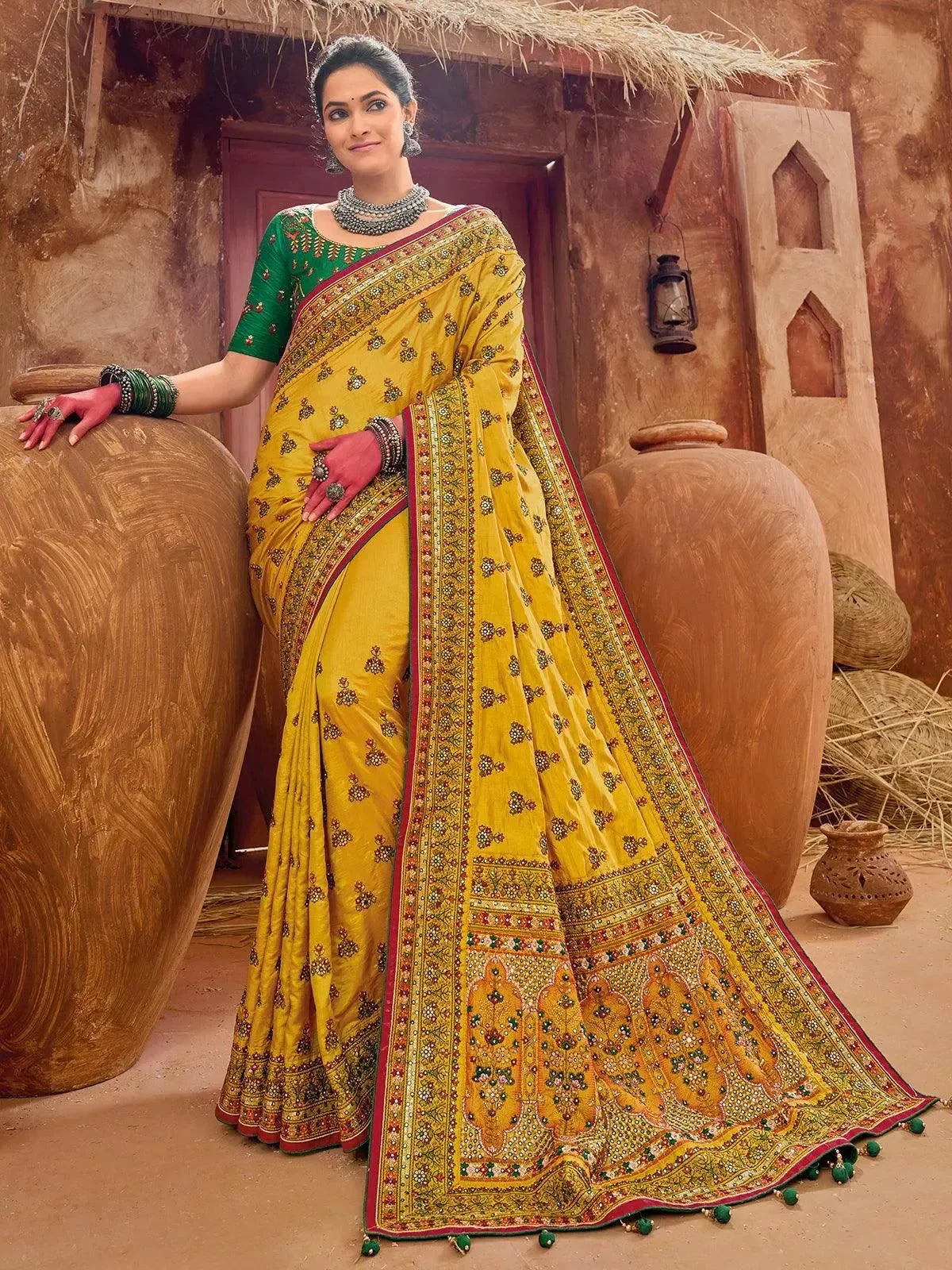 Yellow Pure Banarasi Silk Saree With Kutchi Work Mirror Heavy