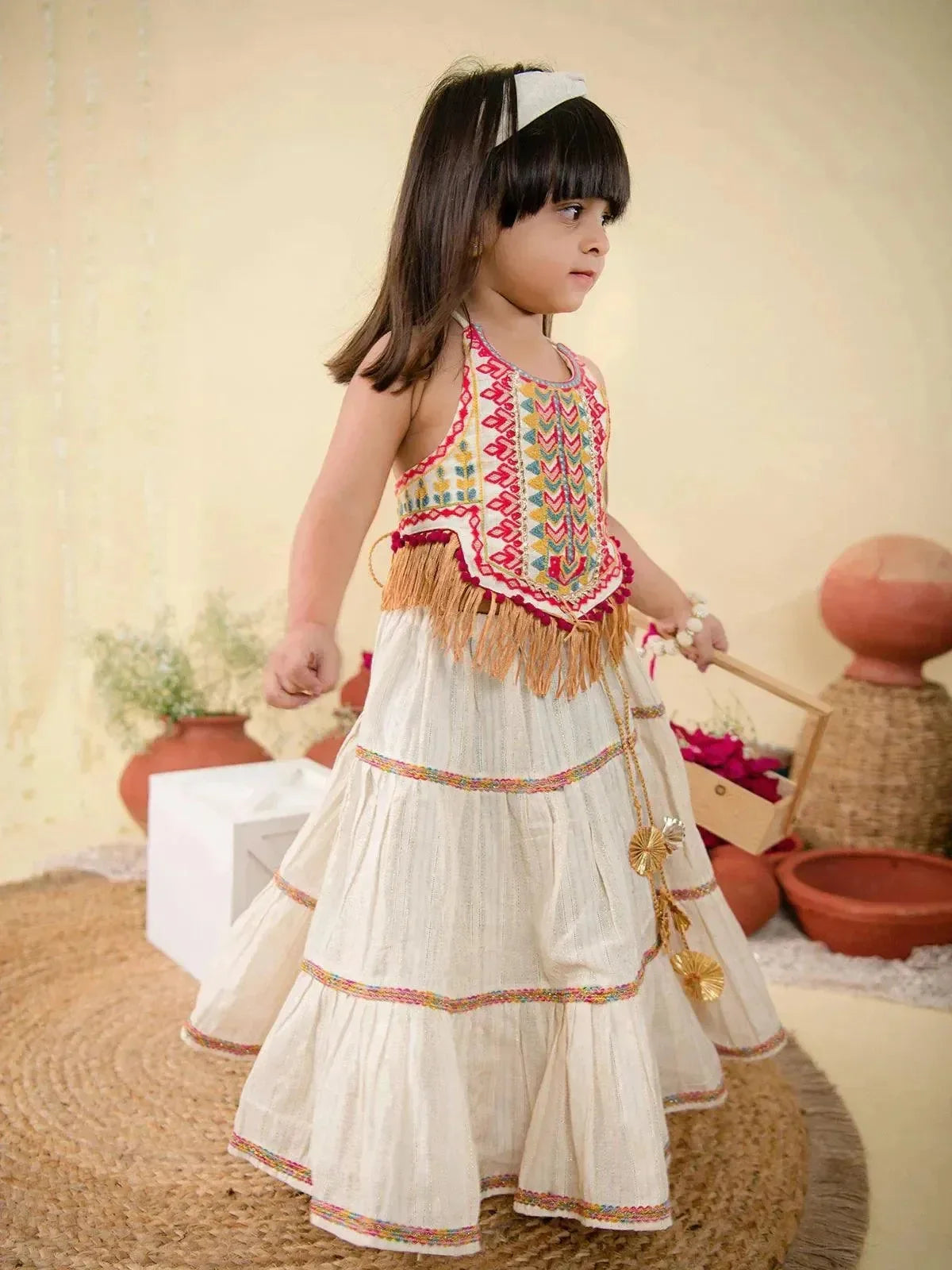 Cream Classic kids Lehenga Choli Set kids for Navratri Festival