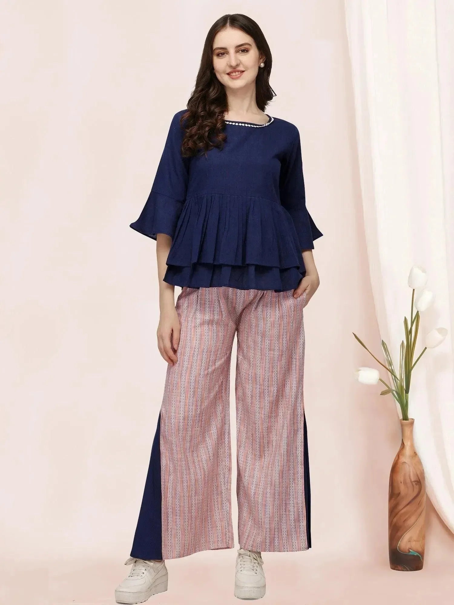 Daily Wear Navy Blue Pleated Peplum Top With Strip Palazzo Pant