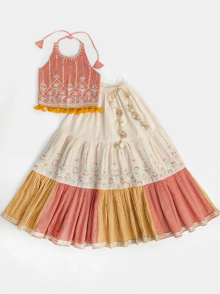 Peach Chaniya Choli Set for Girls – Embroidered Halter Blouse with Tassel Lace & Ivory Lehenga for Navratri