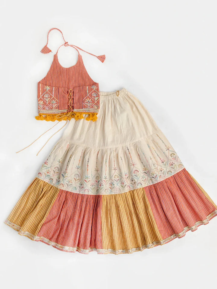 Peach Chaniya Choli Set for Girls – Embroidered Halter Blouse with Tassel Lace & Ivory Lehenga for Navratri