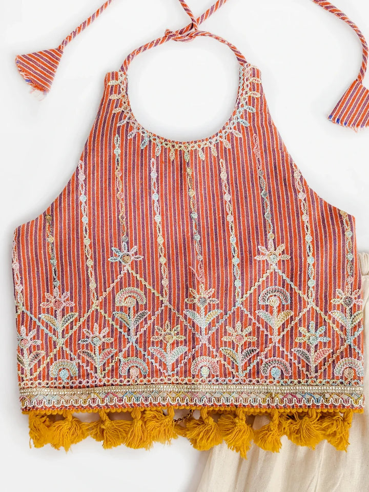 Peach Chaniya Choli Set for Girls – Embroidered Halter Blouse with Tassel Lace & Ivory Lehenga for Navratri