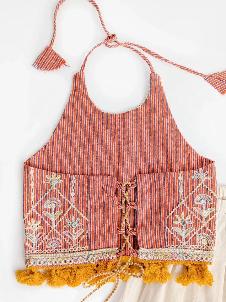 Peach Chaniya Choli Set for Girls – Embroidered Halter Blouse with Tassel Lace & Ivory Lehenga for Navratri