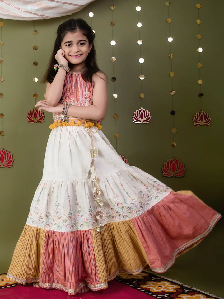 Peach Chaniya Choli Set for Girls – Embroidered Halter Blouse with Tassel Lace & Ivory Lehenga for Navratri