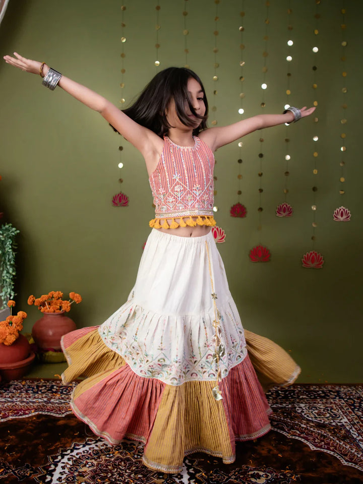 Peach Chaniya Choli Set for Girls – Embroidered Halter Blouse with Tassel Lace & Ivory Lehenga for Navratri