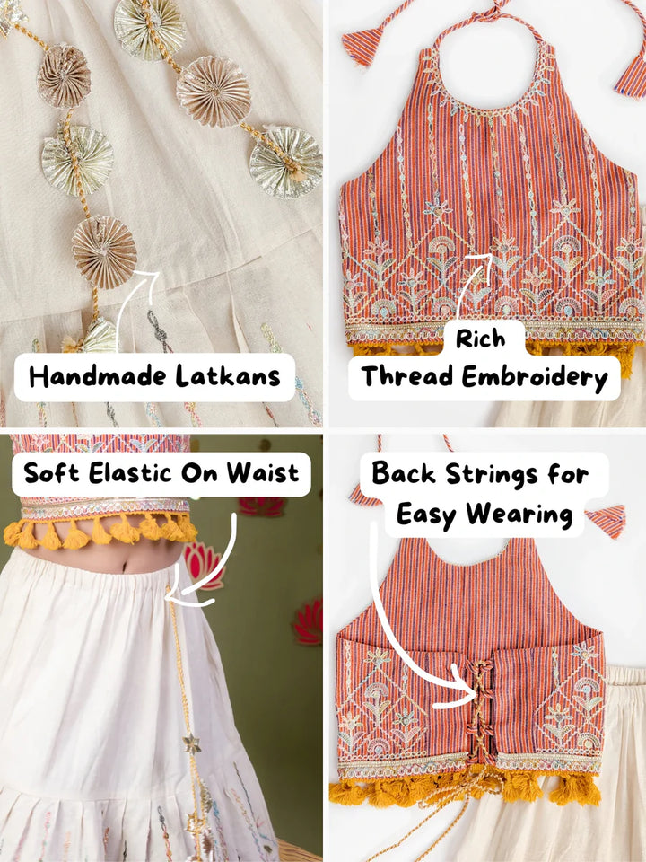 Peach Chaniya Choli Set for Girls – Embroidered Halter Blouse with Tassel Lace & Ivory Lehenga for Navratri