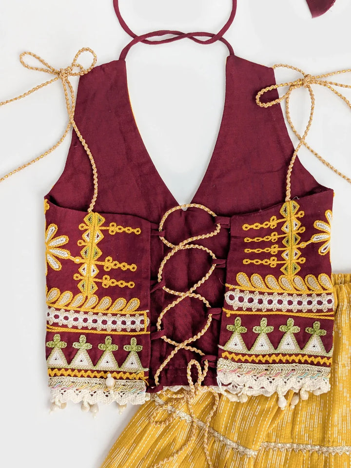 Mustard & Wine Chaniya Choli Set for Girls – Embroidered Blouse & Flared Lehenga | Festive & Wedding Ethnic Wear