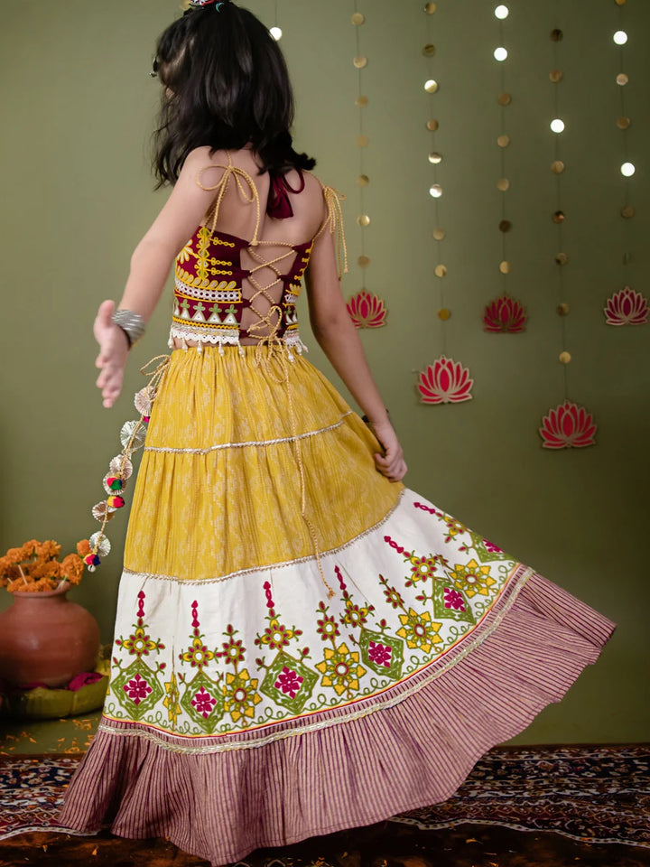 Mustard & Wine Chaniya Choli Set for Girls – Embroidered Blouse & Flared Lehenga | Festive & Wedding Ethnic Wear