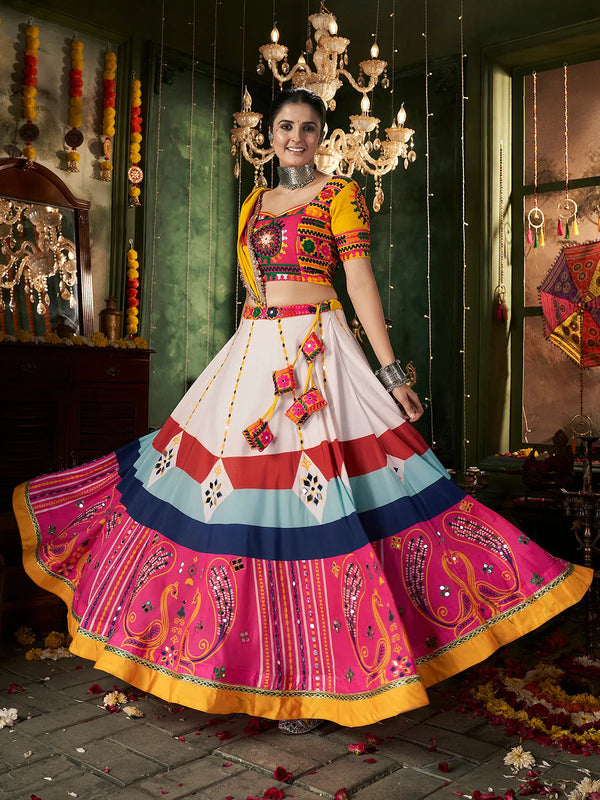 White Maslin Cotton Lehenga Set with Yellow Choli and Multi-Color Silk Dupatta for Navratri