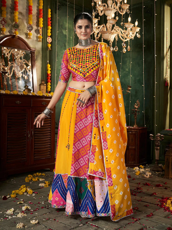 Yellow Maslin Cotton Lehenga Set with Mirror Work & Embroidered Pink Choli for Navratri